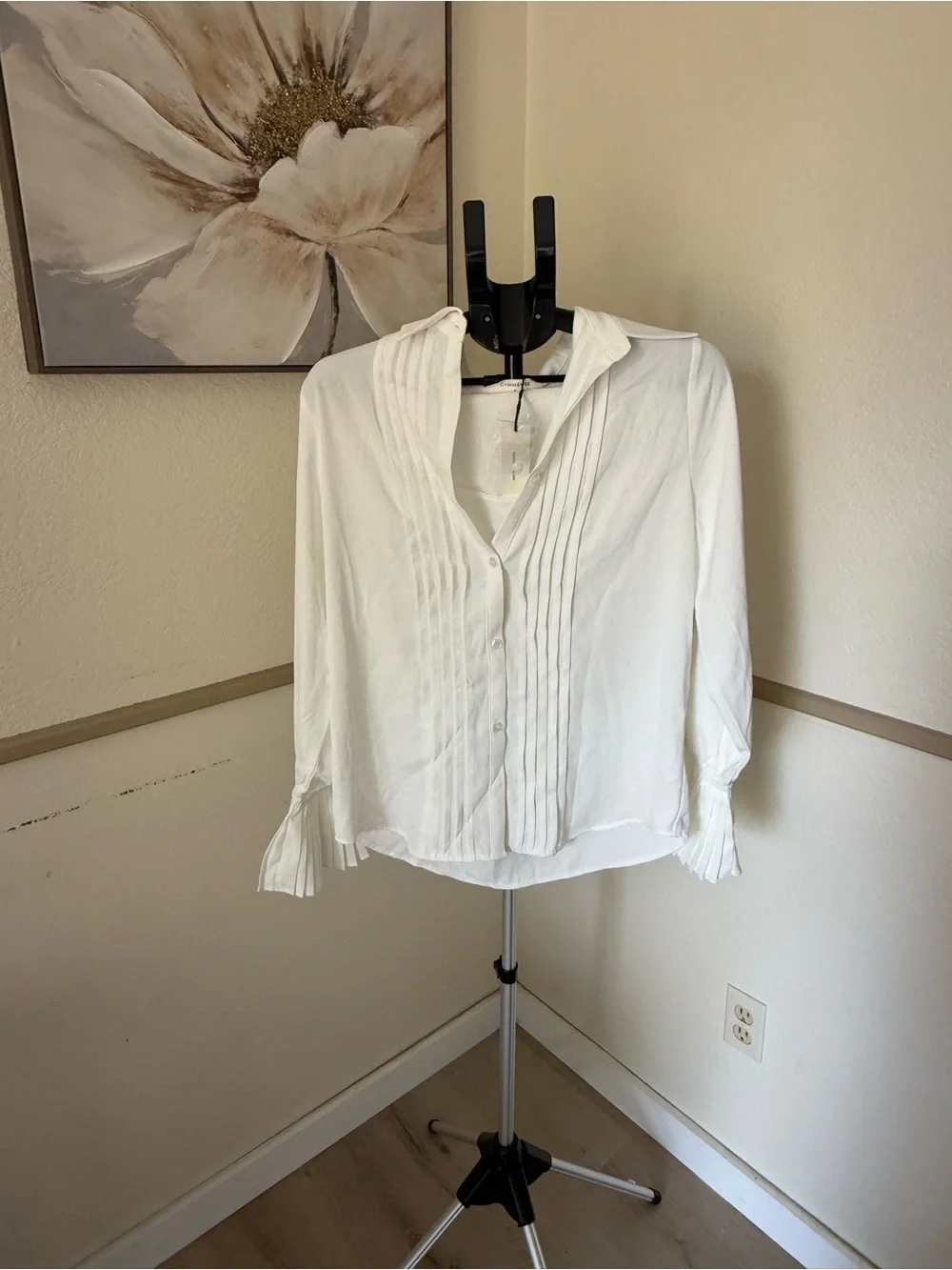 Commense White Pleated Front Button-Down Blouse with Flared Cuffs